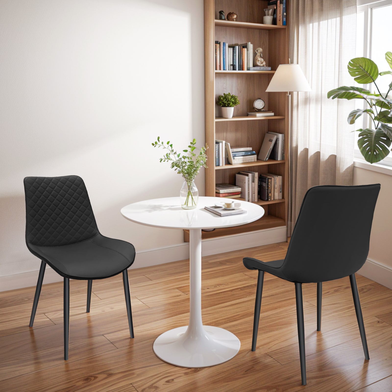 Black PU Leather Dining Chair With Metal Legs, Chequer Upholstered Armless Chair Set Of 2 For Kitchen, Restaurant, Living, Meeting Room_voghion.com